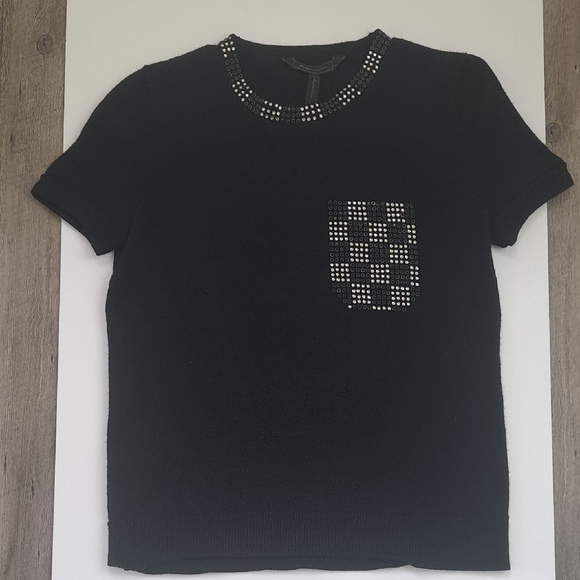 BCBGMaxAzria Tops - BCBG MaxAzria XS Lucine Black Studded Short Sleeve Top Merino Wool
